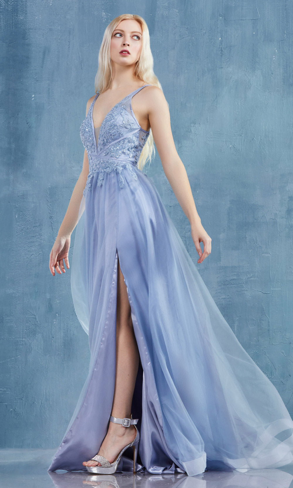 Andrea and Leo - A0762 Floral Lace Plunged V-Neck Tulle Gown In Blue