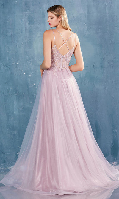 Andrea and Leo - A0762 Floral Lace Plunged V-Neck Tulle Gown In Purple