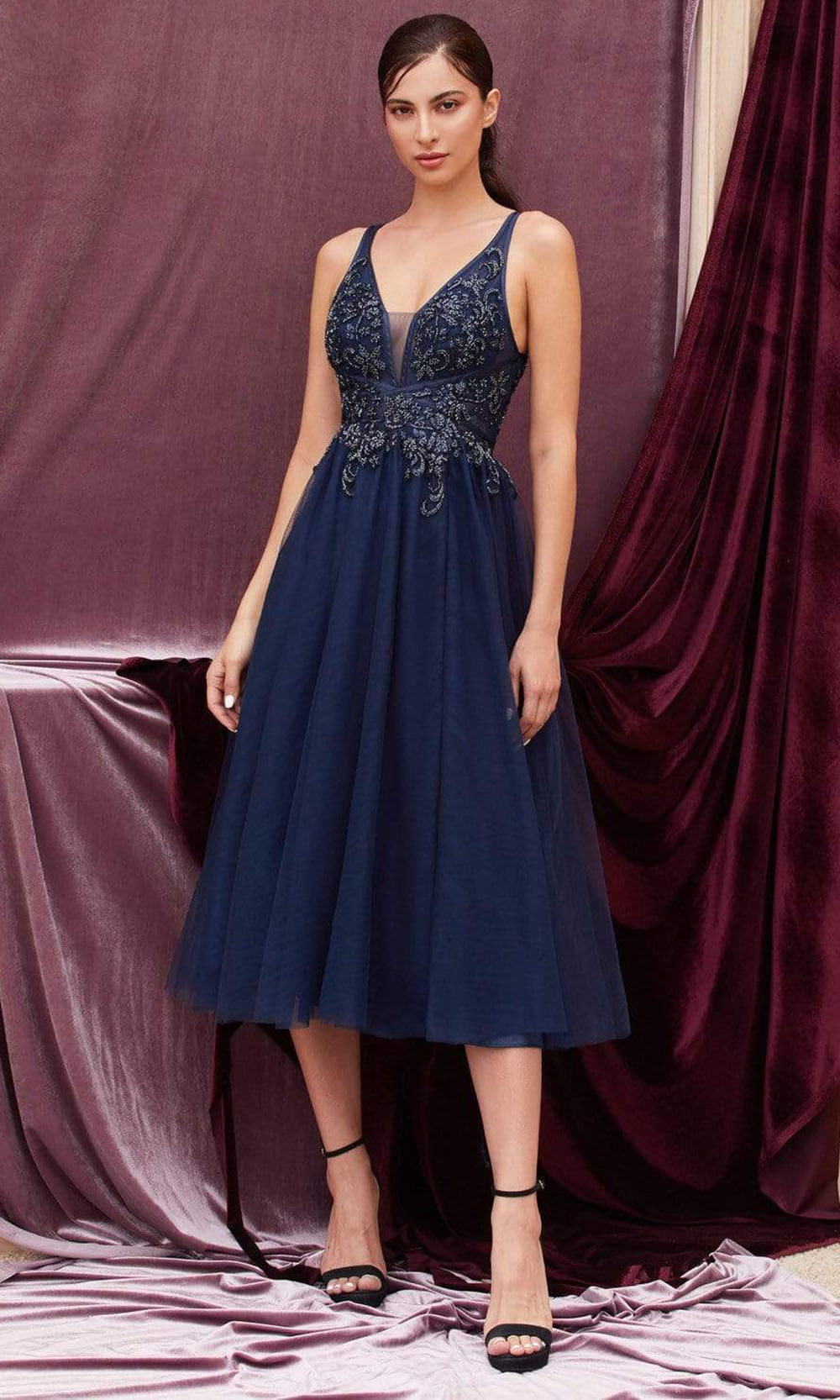 Andrea and Leo - A0762S Strappy Back Beaded Midi Dress In Blue