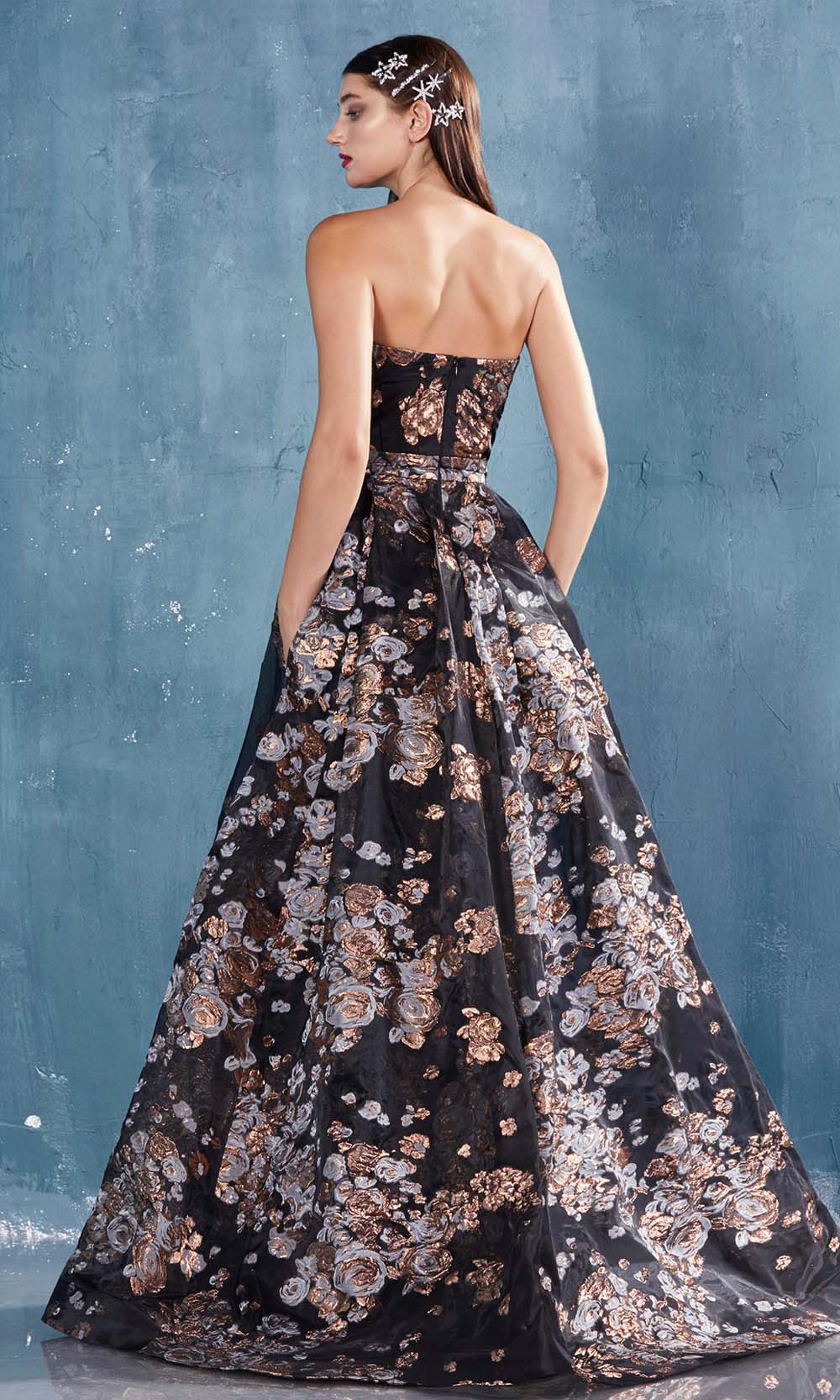 Andrea and Leo - A0783 Metallic Floral Overskirt Dress In Black