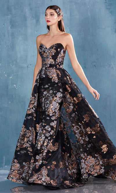 Andrea and Leo - A0783 Metallic Floral Overskirt Dress In Black