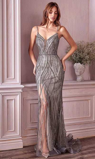 Andrea and Leo - A0909 Embellished Scoop Back Sheath Gown In Gray