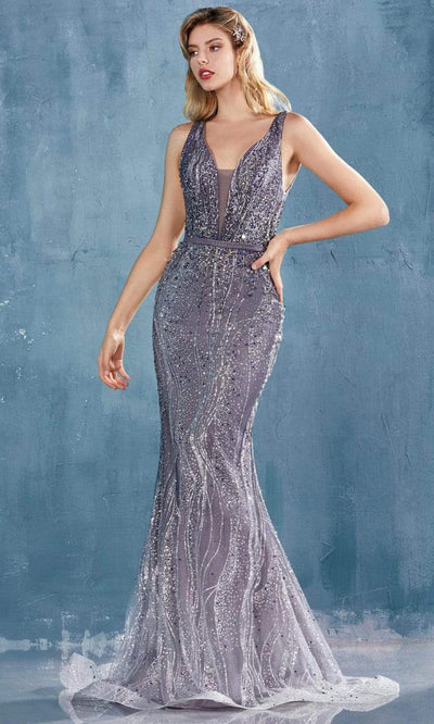 Andrea and Leo - A0915 Beaded Ombre Sheath Fit Gown In Silver