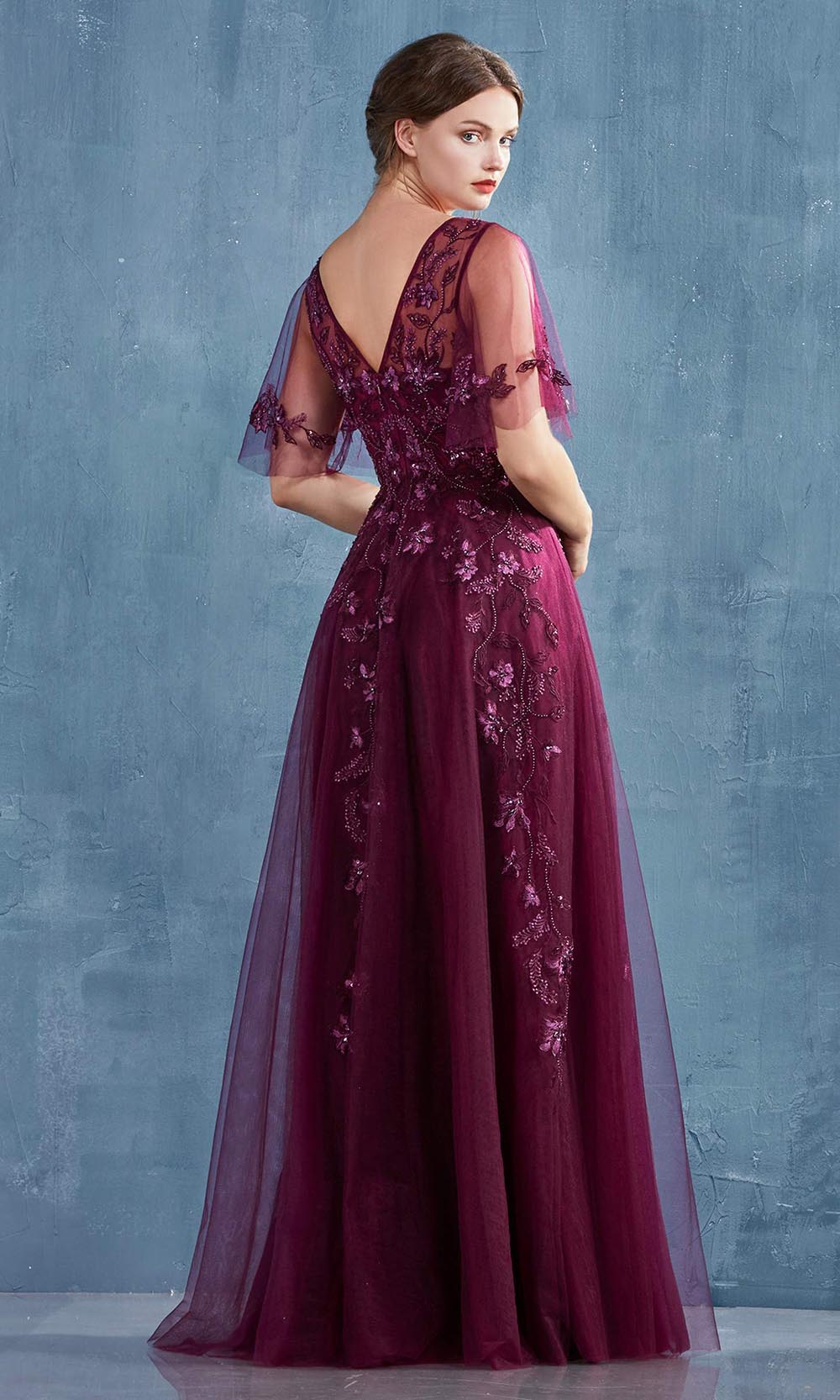 Andrea and Leo - A0941 Flutter Sleeve Embroidered Tulle Dress In Purple