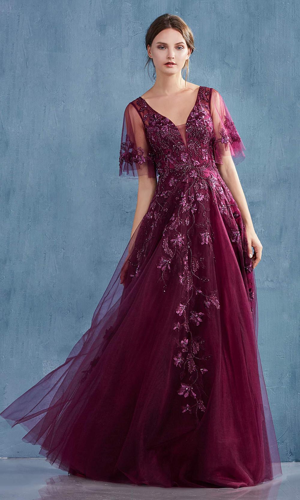 Andrea and Leo - A0941 Flutter Sleeve Embroidered Tulle Dress In Purple
