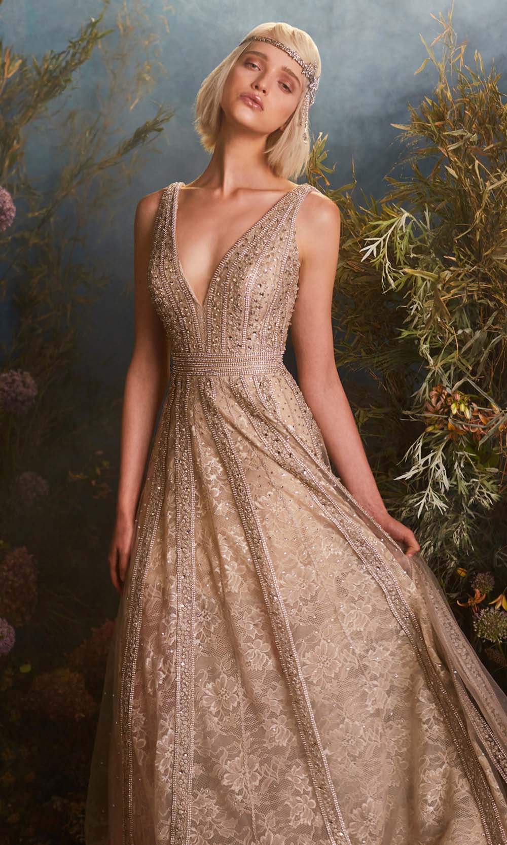 Andrea and Leo - A0966 Crystal Embellished Lace Dress In Champange and Gold