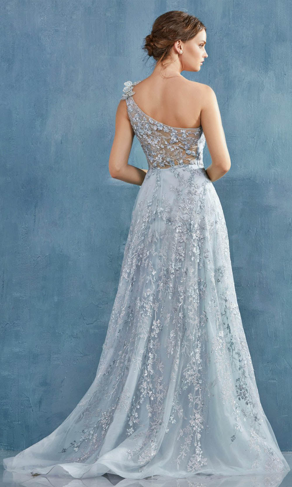 Andrea and Leo - A0989 One Shoulder Embroidered Dress In Blue