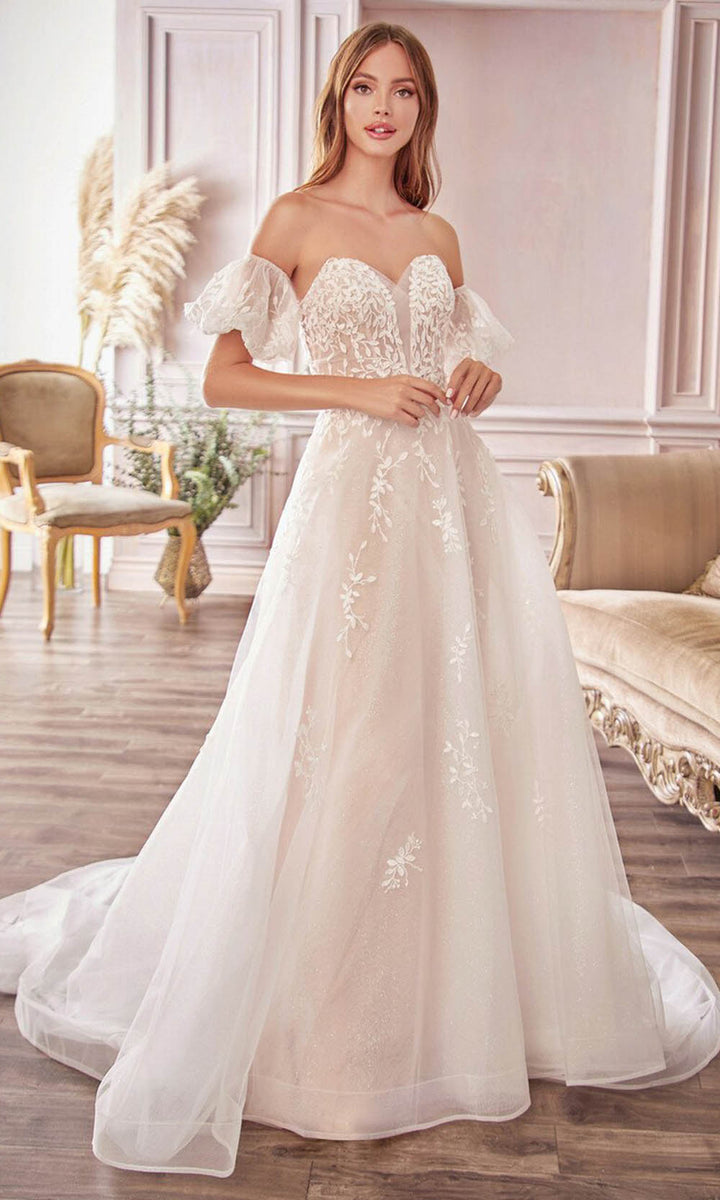Off White-Nude Andrea and Leo - A1014 Sweetheart Leaf Motif Bridal Dress