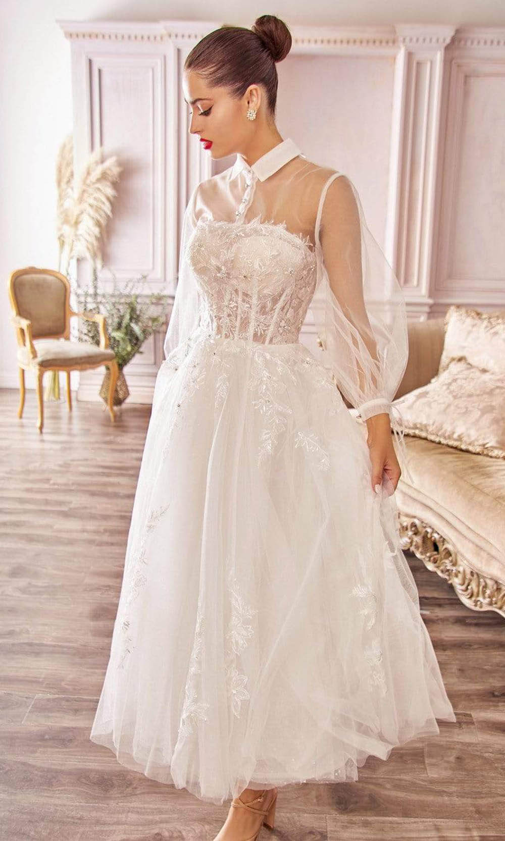 Andrea and Leo - A1016 Collared Embroidered Bridal Dress In White
