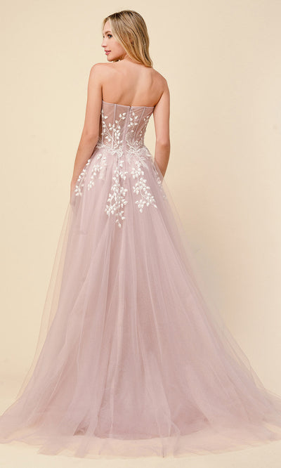 Andrea and Leo - A1029 Strapless Corset High Slit Dress In Mauve