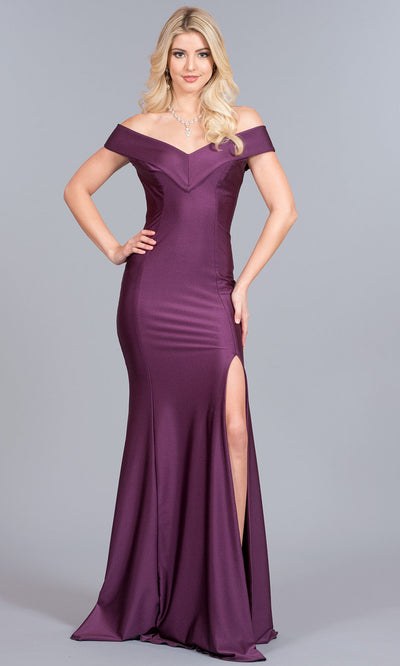 Atria - 5912H Off Shoulder Trumpet Gown With Slit In Purple