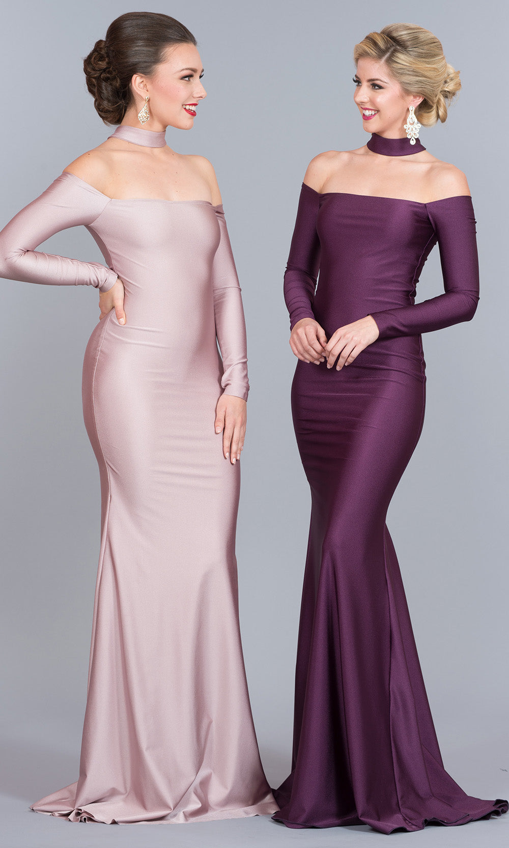 Atria - 5948H Long Sleeve Choker Style Gown In Purple and Pink