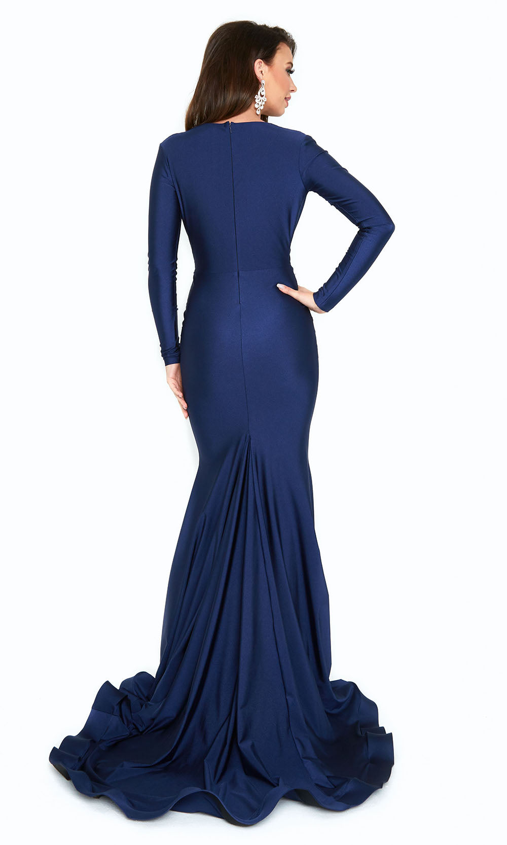 Atria - 6201H Long Sleeve Ruched Formal Gown In Blue