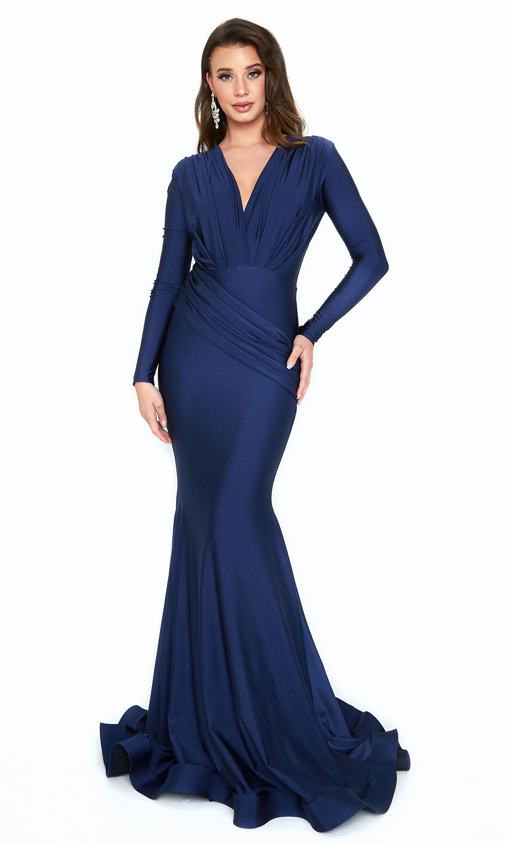 Atria - 6201H Long Sleeve Ruched Formal Gown In Blue