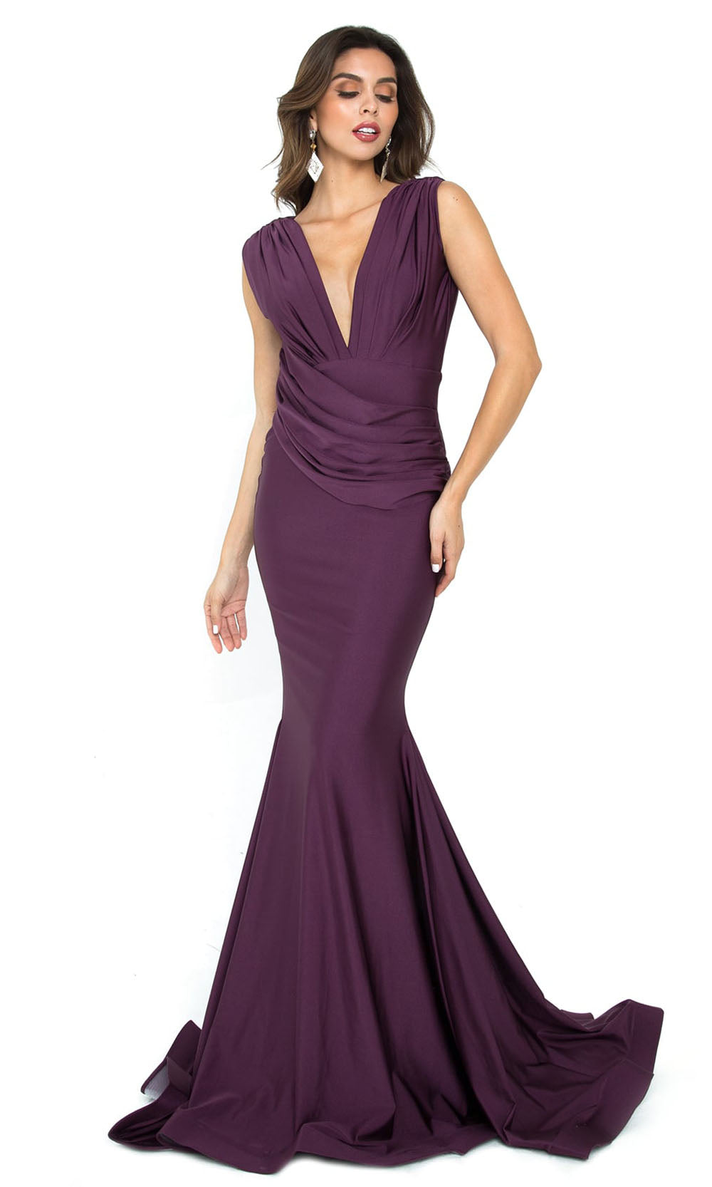 Atria - 6203H Drape Style Sultry Formal Gown In Purple and Black