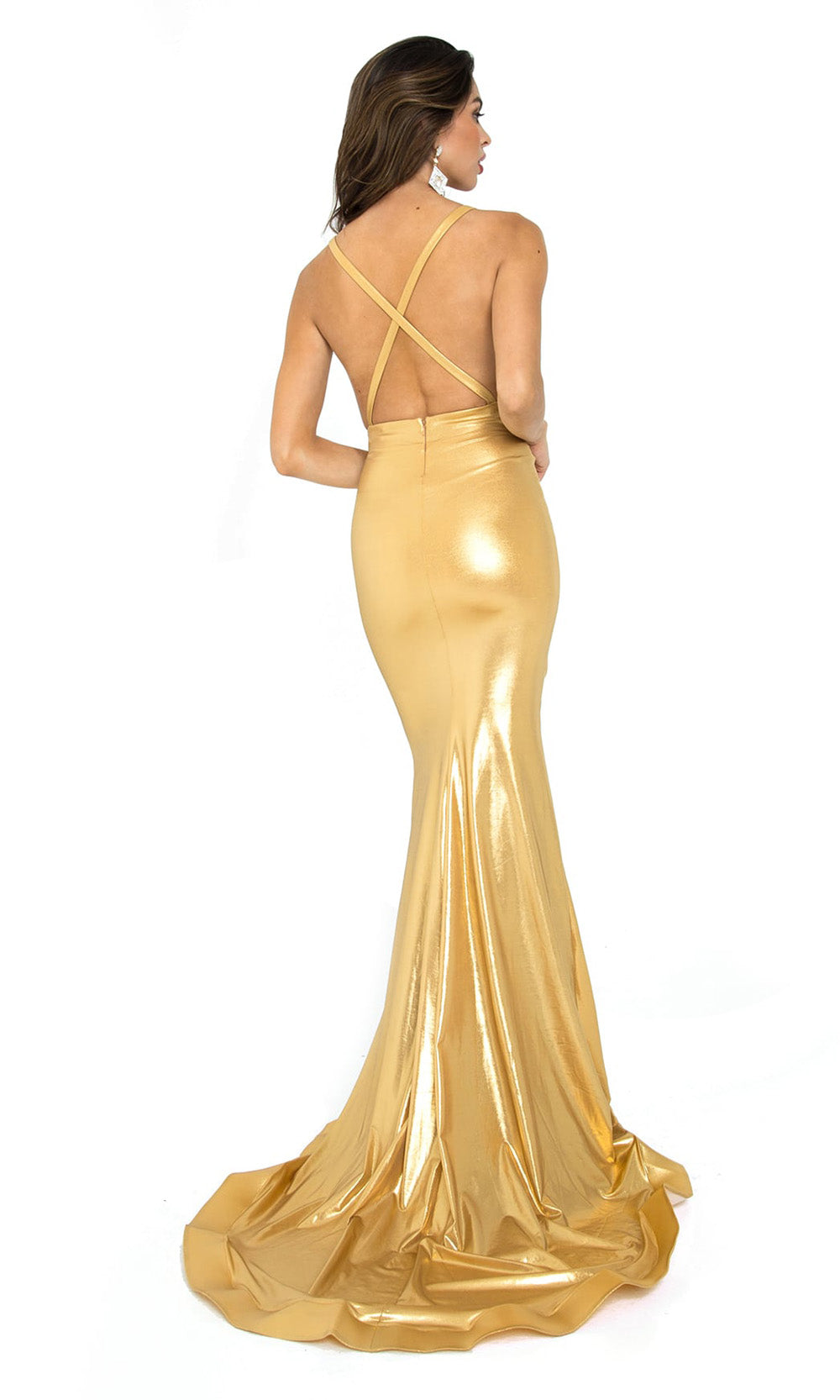 Atria - 6407H Plunging V Neck Trumpet Gown In Gold