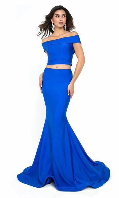 Atria - 6504H Off Shoulder Two Piece Mermaid Gown In Blue