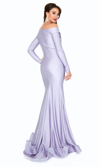 Atria - 6507H Formal Asymmetric Collared Gown In Purple and Silver