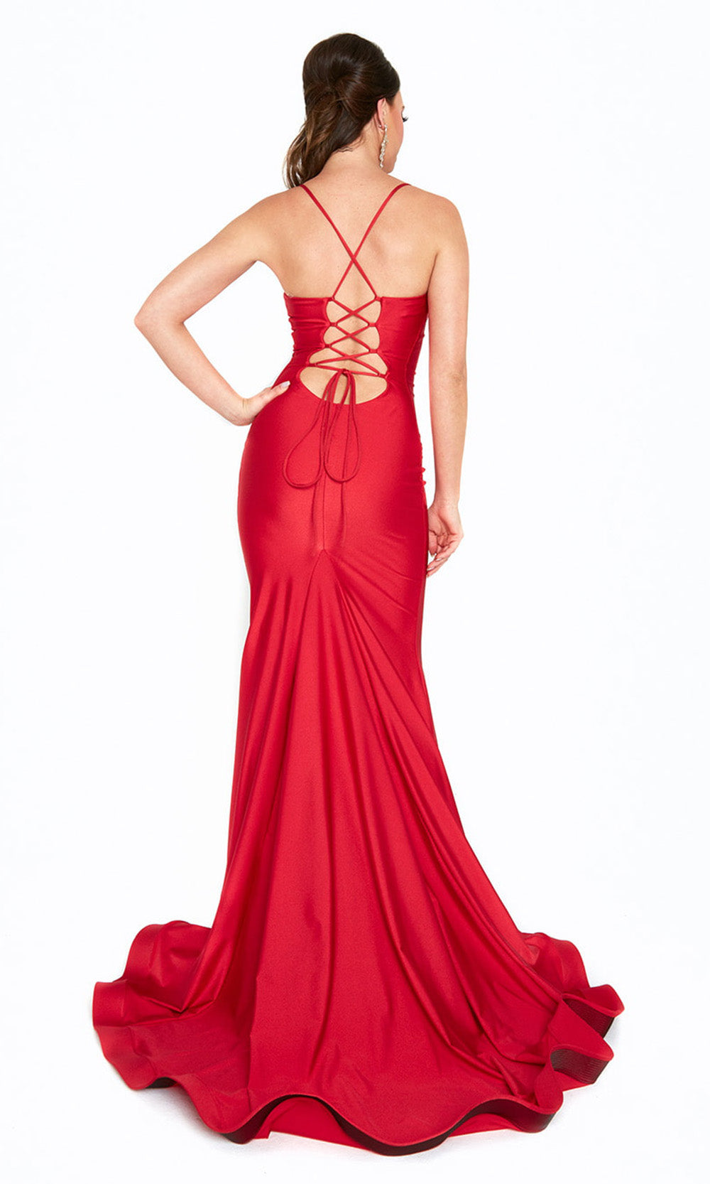 Atria - 6520H Scoop Lace-Up Back Trumpet Gown In Red