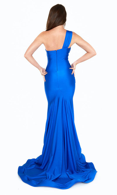Atria - 6528H Formal Ruch Designed Asymmetric Gown In Blue