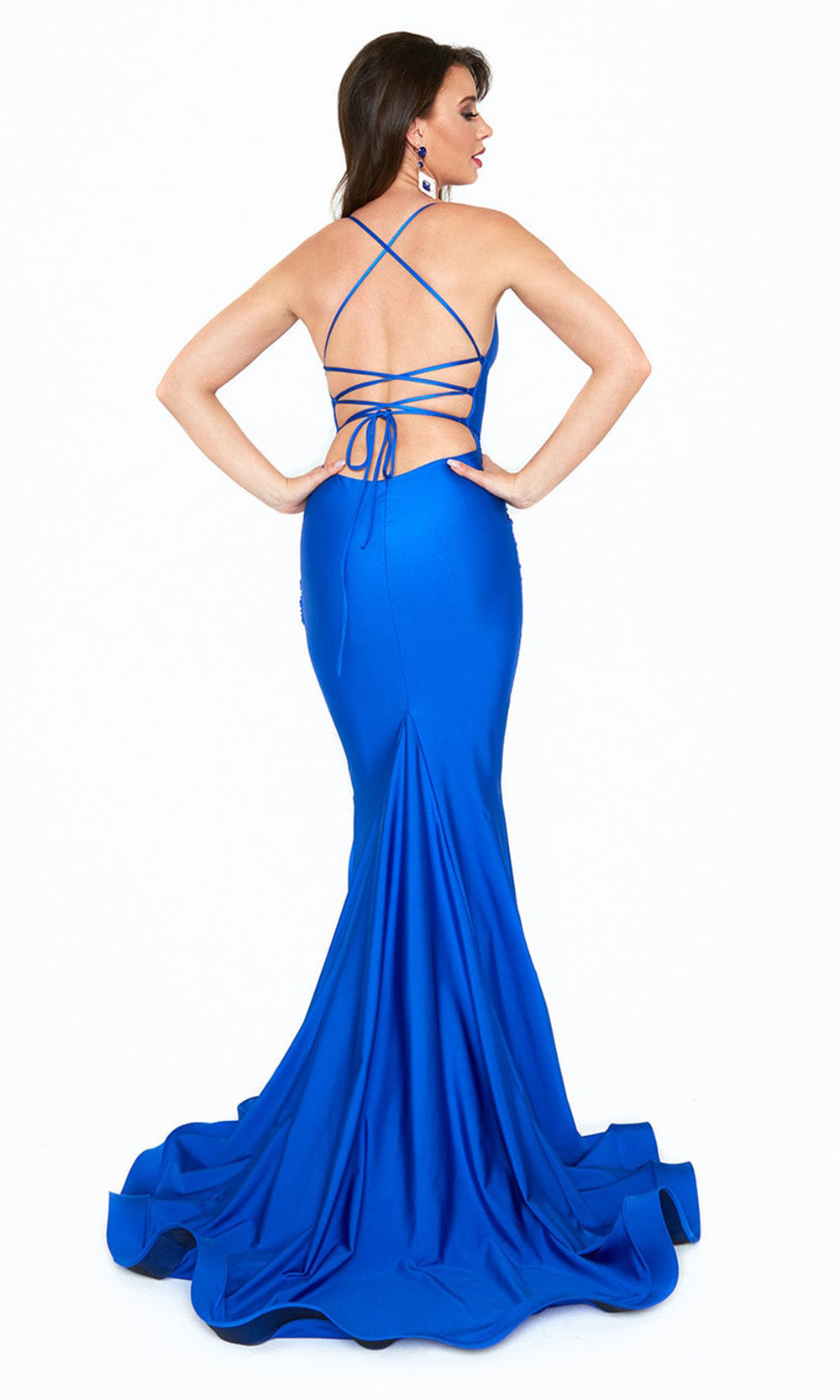 Atria - 6536H V Neck Ruched Sash Trumpet Gown In Blue