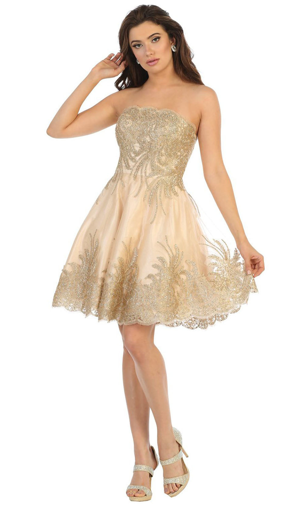 May Queen - MQ1650 Bateau Neck Beaded Embroided Dress In Neutral