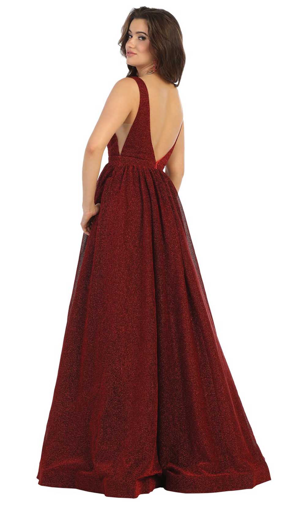 May Queen - RQ7753 Glitter Deep V Neck Evening Gown In Red