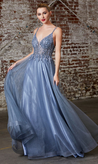 Cinderella Divine CD0154 smokey blue v neck sequin beaded dress wlow back & straps. Perfect dusty blue dress for prom, wedding reception or engagement dress, indowestern gown, sweet 16, debut, quinceanera, formal party dress. Plus sizes avail