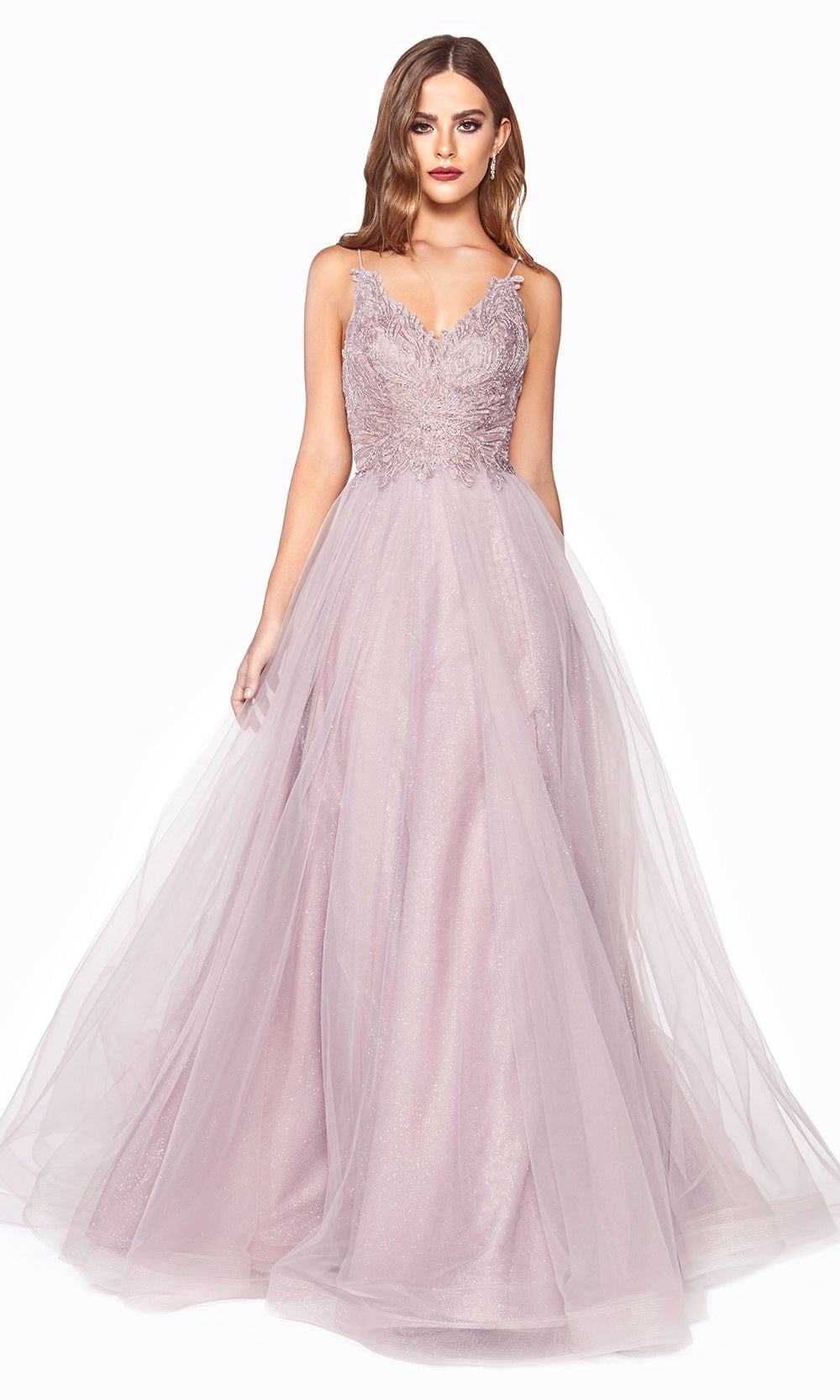 Cinderella Divine CD899 mauve v neck sequin lace beaded dress wlow back &straps. Perfect pink tulle dress for prom, wedding reception or engagement dress, indowestern gown, sweet 16, debut, quinceanera, formal party dress. Plus sizes avail