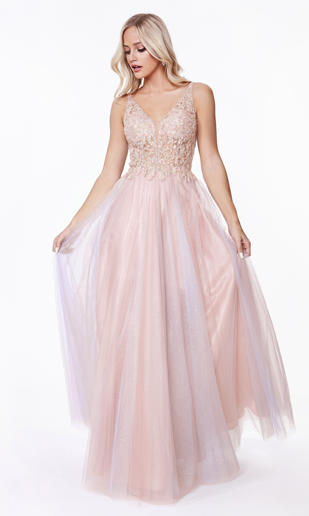 Cinderella AB198 long blush pink dress with tulle skirt