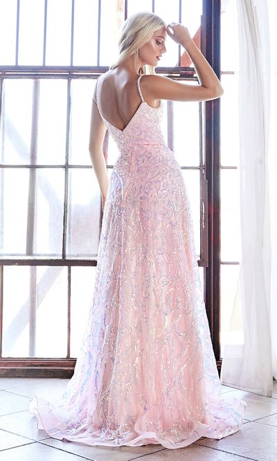 Cinderella CB055 long blush pink metallic beaded v neck semi ballgown w: open back. Perfect light pink evening dress for prom, formal wedding guest dress, indowestern gown, prom, engagement:wedding reception, debut, sweet 16. Plus sizes available-b.jpg