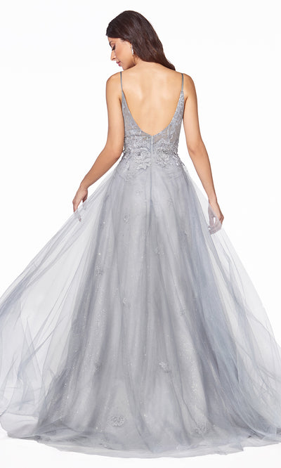 Cinderella CD50 long silver gray tulle v neck flow simple dress w/ wide straps & low back. Perfect light grey evening dress for prom, formal wedding guest dress, indowestern gown, prom, black tie event, gala, debut, sweet 16.Plus sizes available-2.jpg