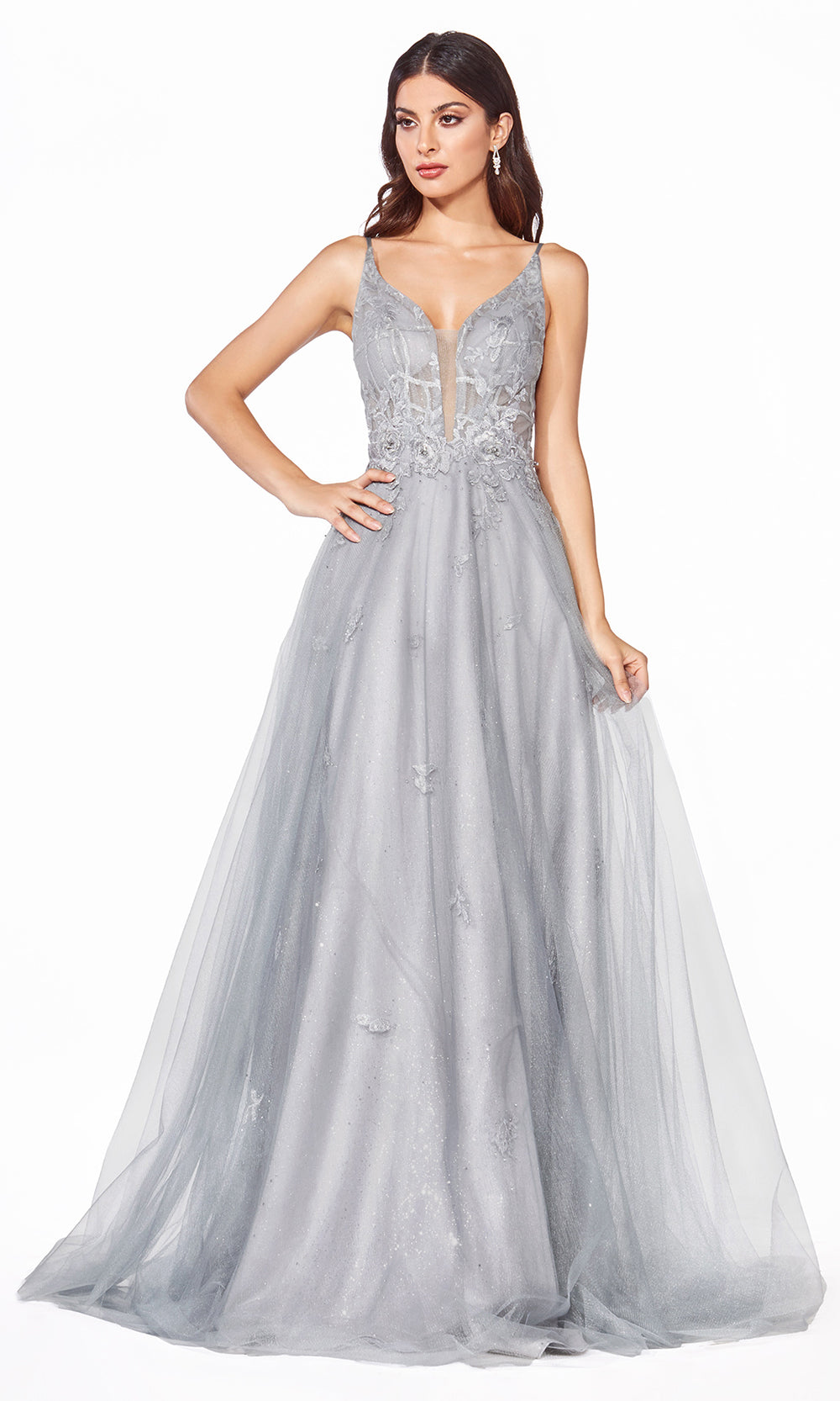 Cinderella CD50 long silver gray tulle v neck flow simple dress w/ wide straps & low back. Perfect light grey evening dress for prom, formal wedding guest dress, indowestern gown, prom, black tie event, gala, debut, sweet 16.Plus sizes available-2.jpg