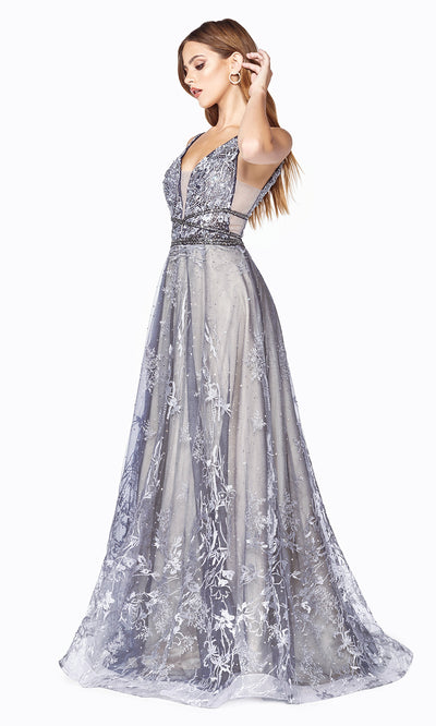 Cinderella CD75 long dusty blue beaded v neck flowy dress with sequin glitter. Perfect for prom, formal wedding guest dress, engagement dress, wedding reception dress, indowestern gown, prom. Plus sizes available. Side view of dress.jpg