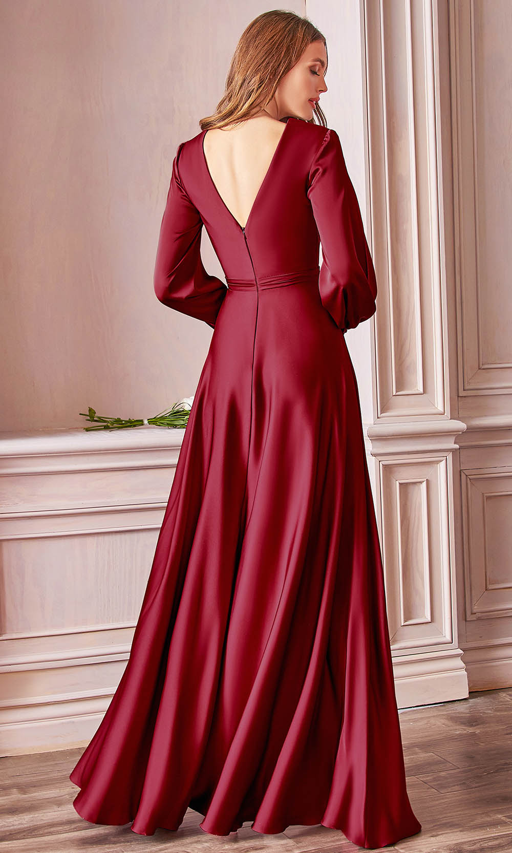Ladivine - 7475 V Neck Long Sleeve High Slit A-Line Gown In Red