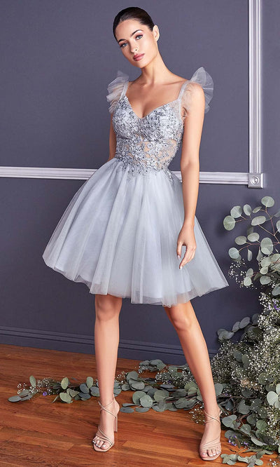 Ladivine - 9238 Floral Appliqued Fit And Flare Short Dress In Silver and Graygrade 8 grad dresses, graduation dresses