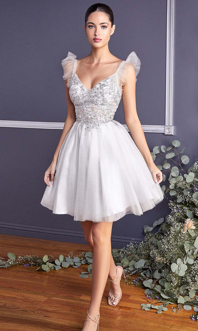 Ladivine - 9238 Floral Appliqued Fit And Flare Short Dress In White and Ivorygrade 8 grad dresses, graduation dresses