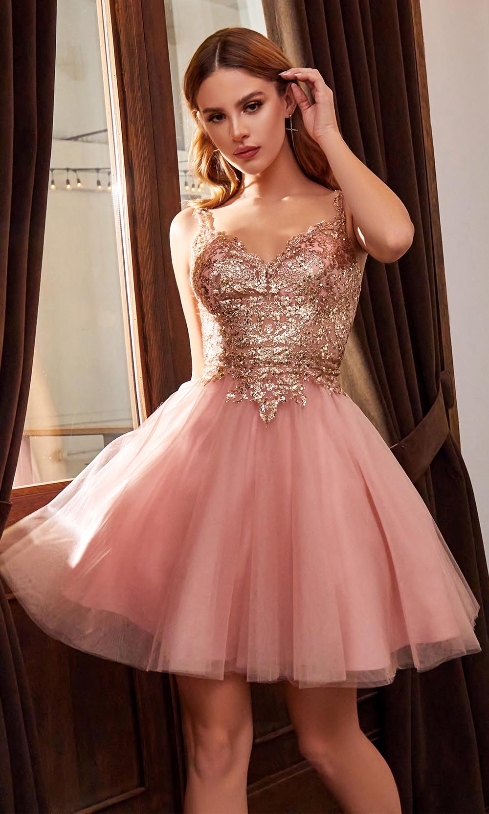Cinderella Divine - 9239 Metallic Appliqued Fit And Flare Short Dress In Pink