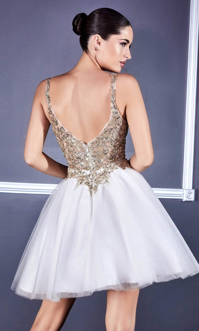 Cinderella Divine - 9239 Metallic Appliqued Fit And Flare Short Dress In White and Ivory
