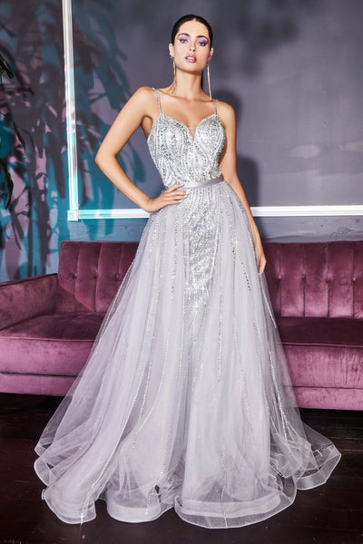 Ladivine - A5083 Crystal Beaded Overskirt Gown In Silver