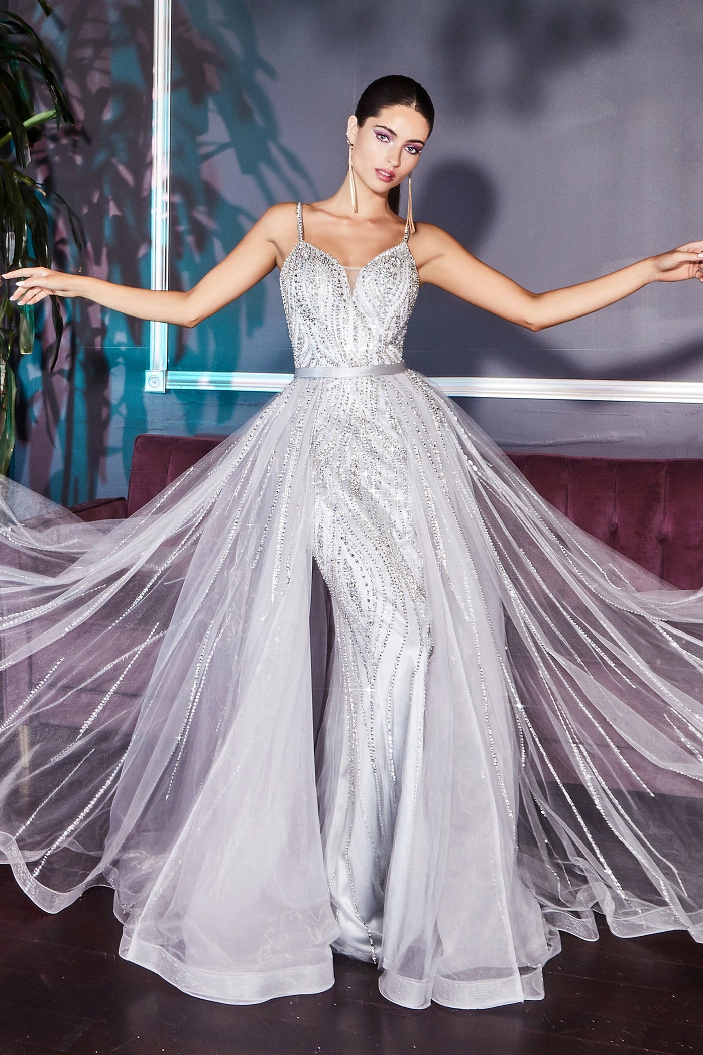 Ladivine - A5083 Crystal Beaded Overskirt Gown In Silver