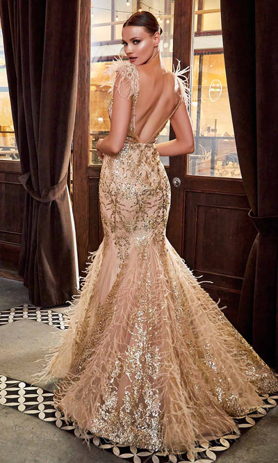 Ladivine - C57 Embellished Deep V Neck Mermaid Gown In Champagne and Gold