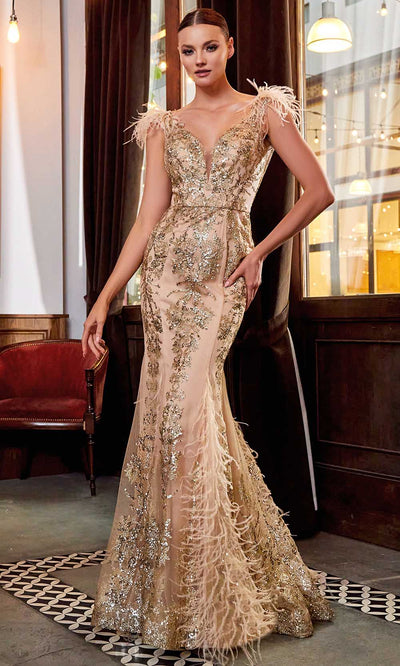 Ladivine - C57 Embellished Deep V Neck Mermaid Gown In Champagne and Gold