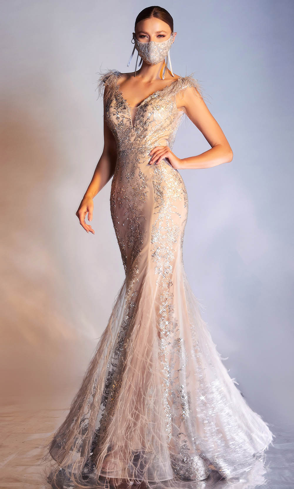 Cinderella Divine - C57 Embellished Deep V Neck Mermaid Gown In Silver and Gray