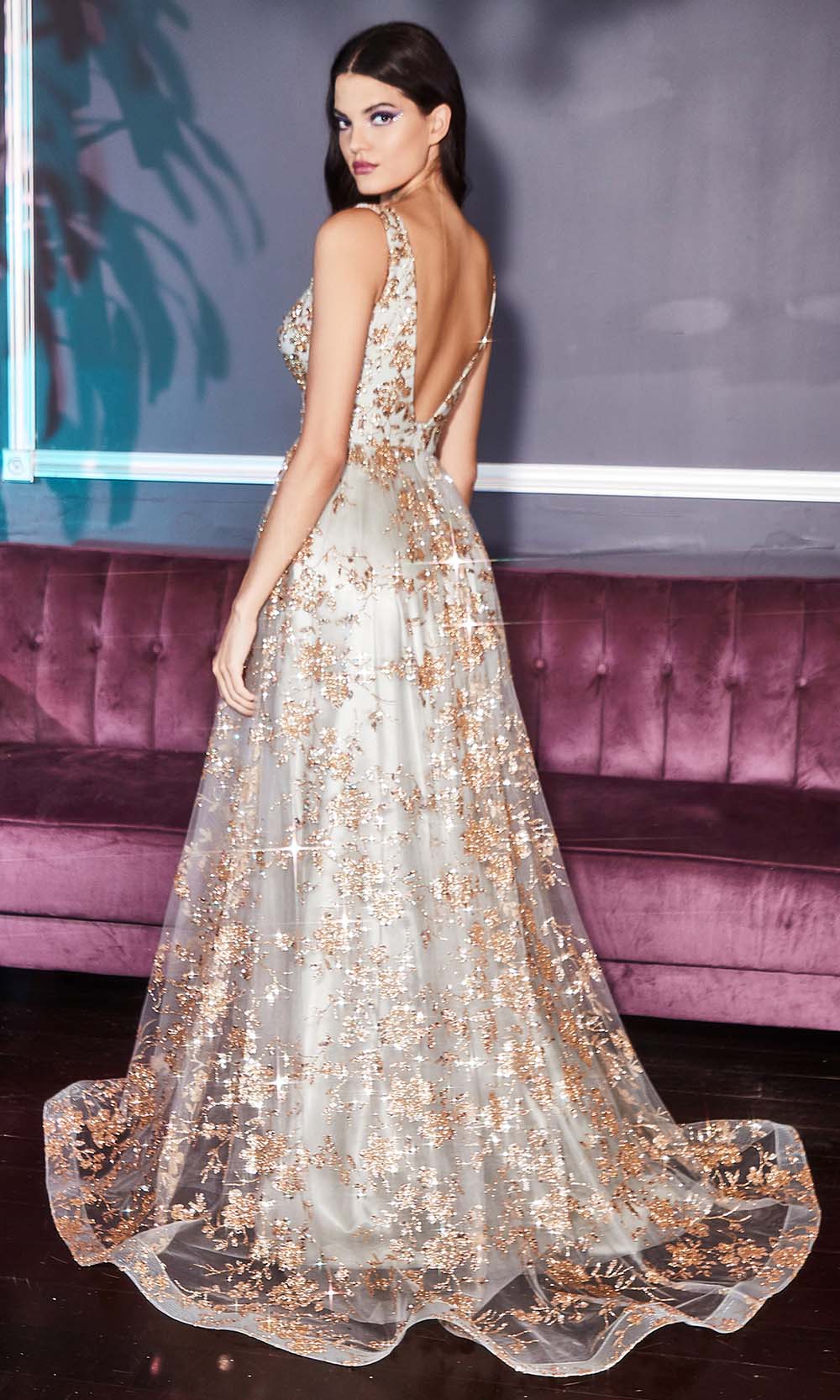 Cinderella Divine - CB068 Plunging V Neck Floral Metallic Print Gown In Champagne and Gold