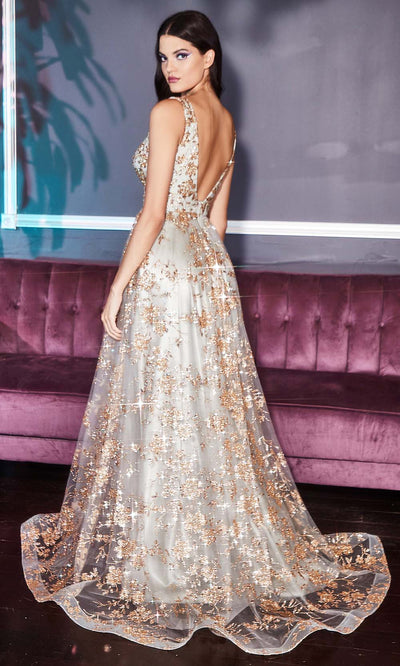 Ladivine - CB068 Plunging V Neck Floral Metallic Print Gown In Champagne and Gold