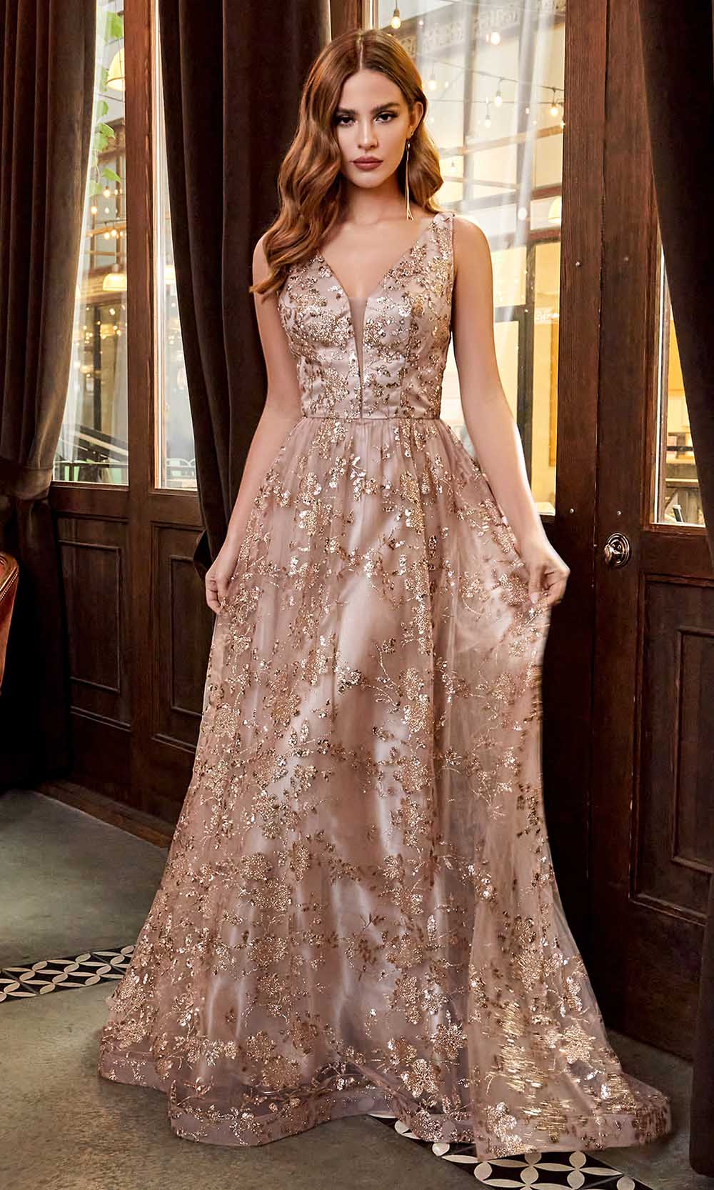Cinderella Divine - CB068 Plunging V Neck Floral Metallic Print Gown In Mocha and Gold