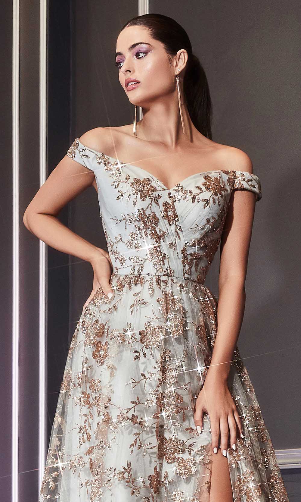Ladivine - CB069 Embellished Print Off Shoulder Gown In Champagne and Gold