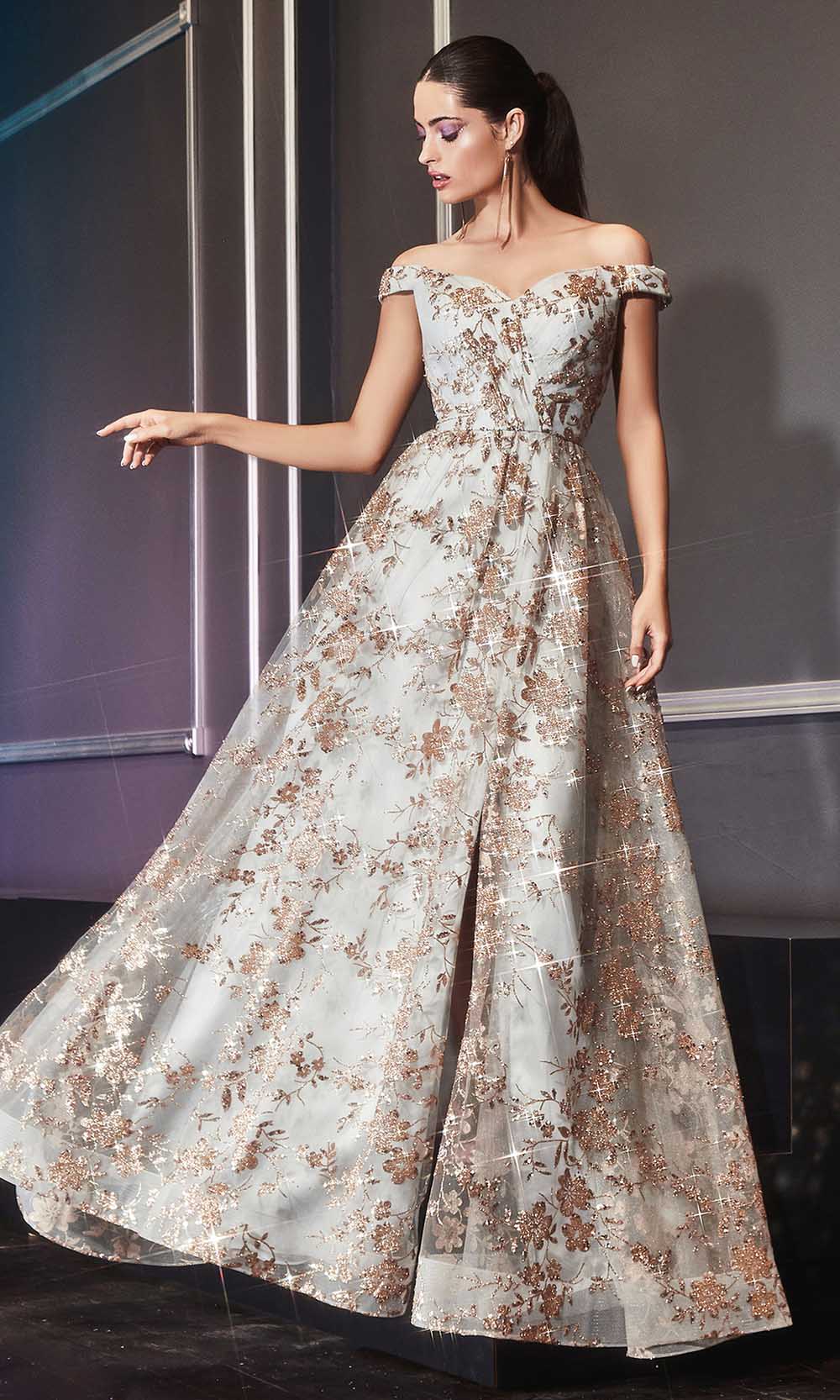 Ladivine - CB069 Embellished Print Off Shoulder Gown In Champagne and Gold