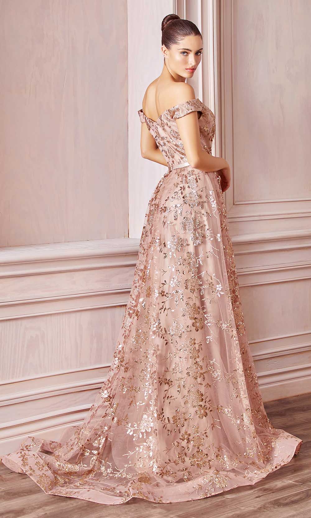 Cinderella Divine - CB069 Embellished Print Off Shoulder Gown In Pink